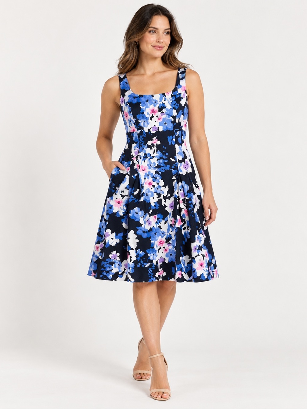 NWT Lauren Ralph Lauren Floral Fit & Flare Dress Navy Blue Pink Size 8 MSRP $129